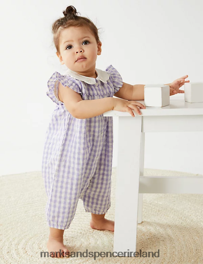 Marks & Spencer Baby Pure Cotton Gingham Romper Lilac Clothing 2VJ8DF7682