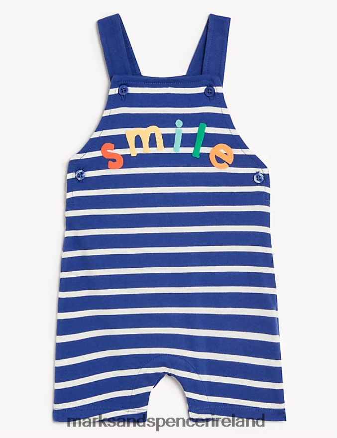 Marks & Spencer Baby Pure Cotton Smile Slogan Striped Dungarees Blue Clothing 2VJ8DF7381