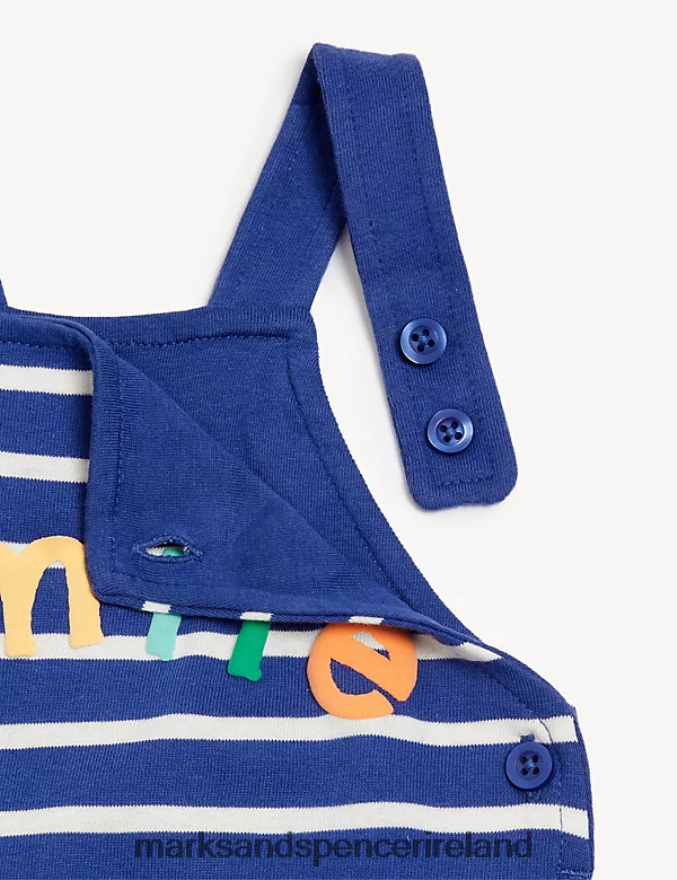 Marks & Spencer Baby Pure Cotton Smile Slogan Striped Dungarees Blue Clothing 2VJ8DF7381