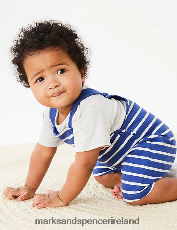 Marks & Spencer Baby Pure Cotton Smile Slogan Striped Dungarees Blue Clothing 2VJ8DF7381