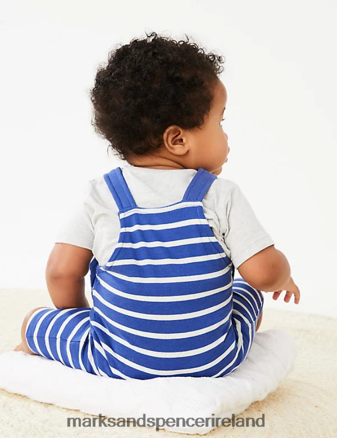 Marks & Spencer Baby Pure Cotton Smile Slogan Striped Dungarees Blue Clothing 2VJ8DF7381