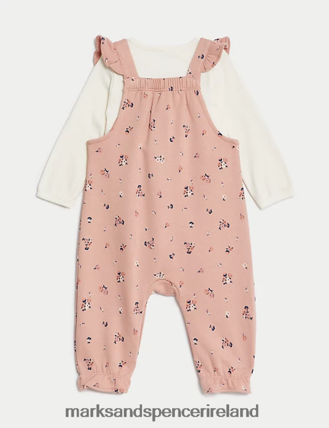 Marks & Spencer Baby 2pc Cotton Rich Floral Dungaree Outfit Pink Mix Clothing 2VJ8DF7712