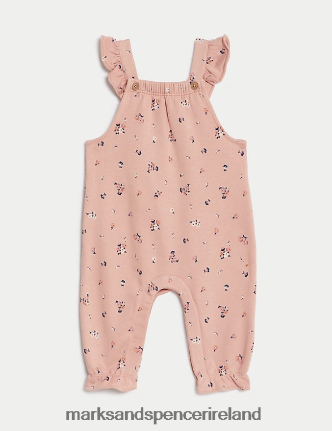 Marks & Spencer Baby 2pc Cotton Rich Floral Dungaree Outfit Pink Mix Clothing 2VJ8DF7712