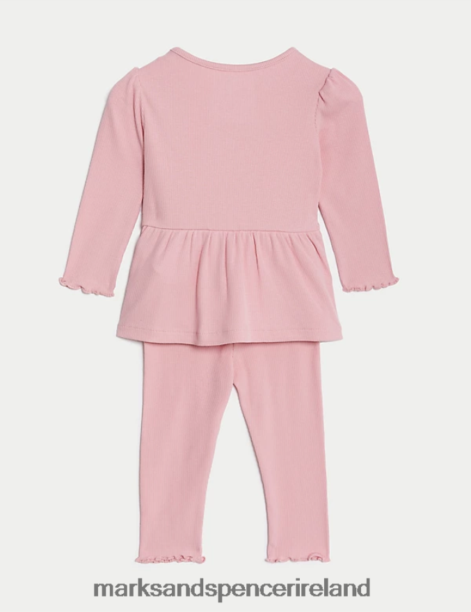 Marks & Spencer Baby 2pc Cotton Rich Ribbed Top & Bottom Outfit Pink Clothing 2VJ8DF7863