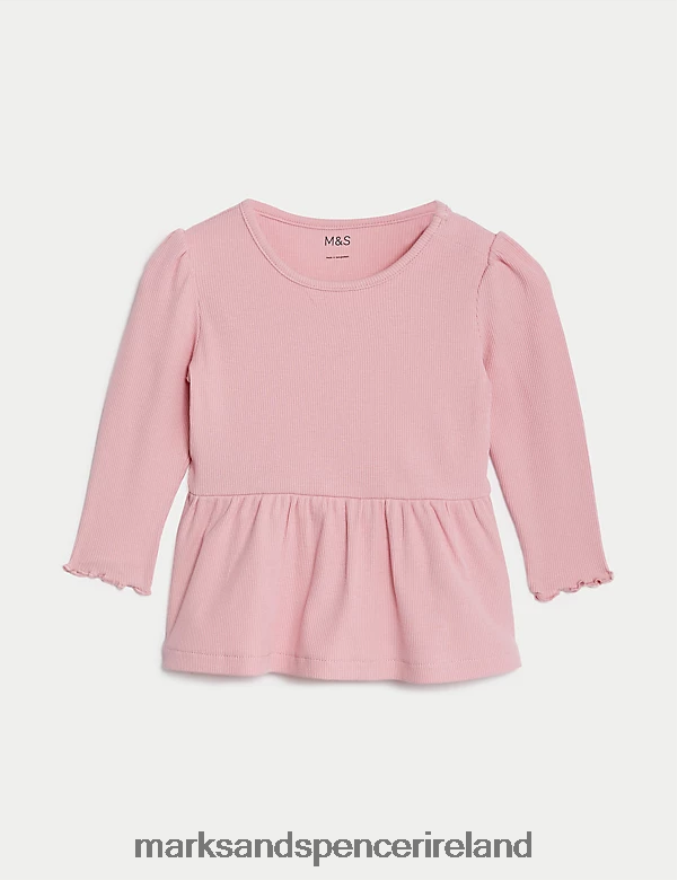 Marks & Spencer Baby 2pc Cotton Rich Ribbed Top & Bottom Outfit Pink Clothing 2VJ8DF7863