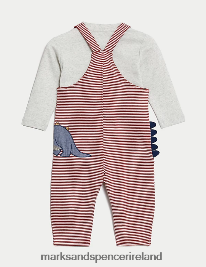 Marks & Spencer Baby 2pc Cotton Rich Striped Dinosaur Outfit Red Mix Clothing 2VJ8DF7374