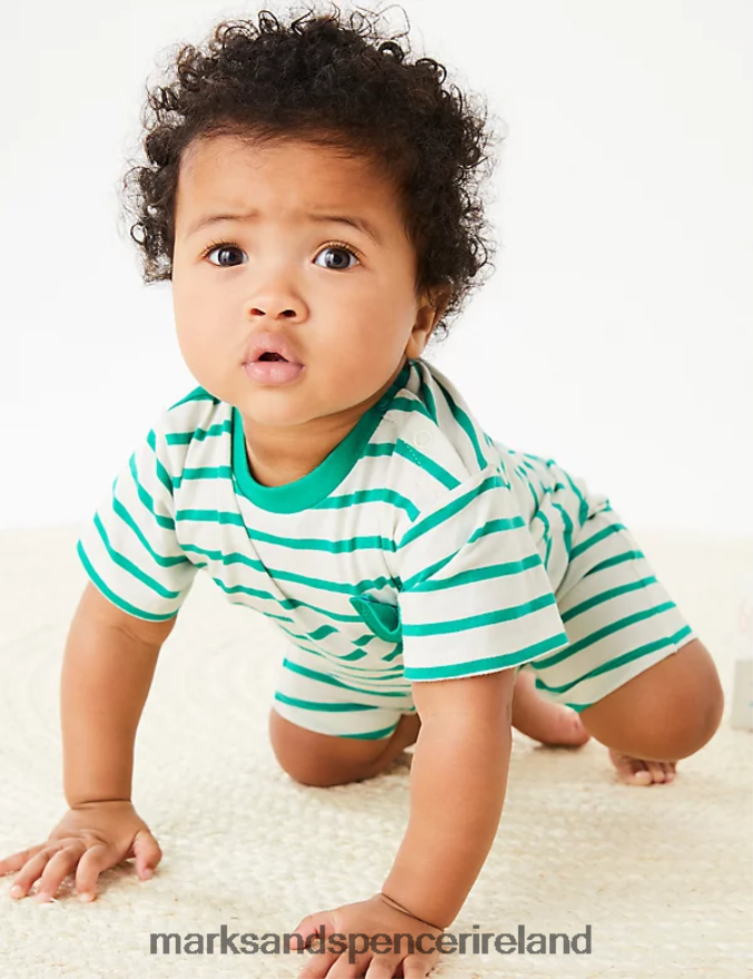 Marks & Spencer Baby Pure Cotton Striped Romper Spearmint Clothing 2VJ8DF7508