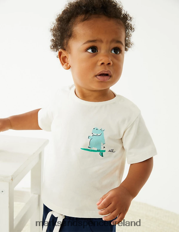 Marks & Spencer Baby Pure Cotton Surfing Hippo T-Shirt Ivory Clothing 2VJ8DF7584