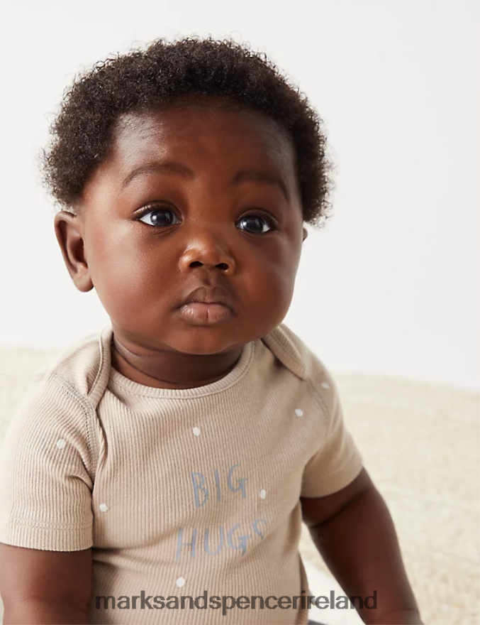 Marks & Spencer Unisex Cotton Rich Spot Big Hugs Slogan Bodysuit Biscuit Clothing 2VJ8DF7491