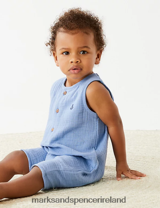 Marks & Spencer Unisex Pure Cotton Romper Azure Blue Clothing 2VJ8DF7256