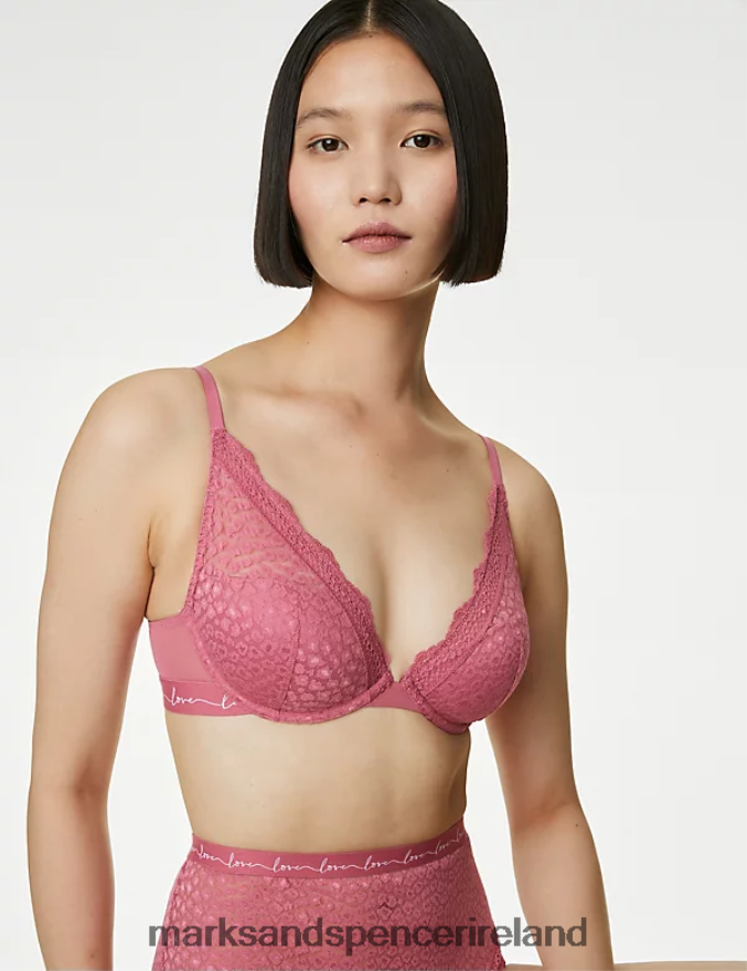 Marks & Spencer Unisex 3pk Lace Trim Wired Plunge Bras Raspberry Mix Clothing 2VJ8DF4653