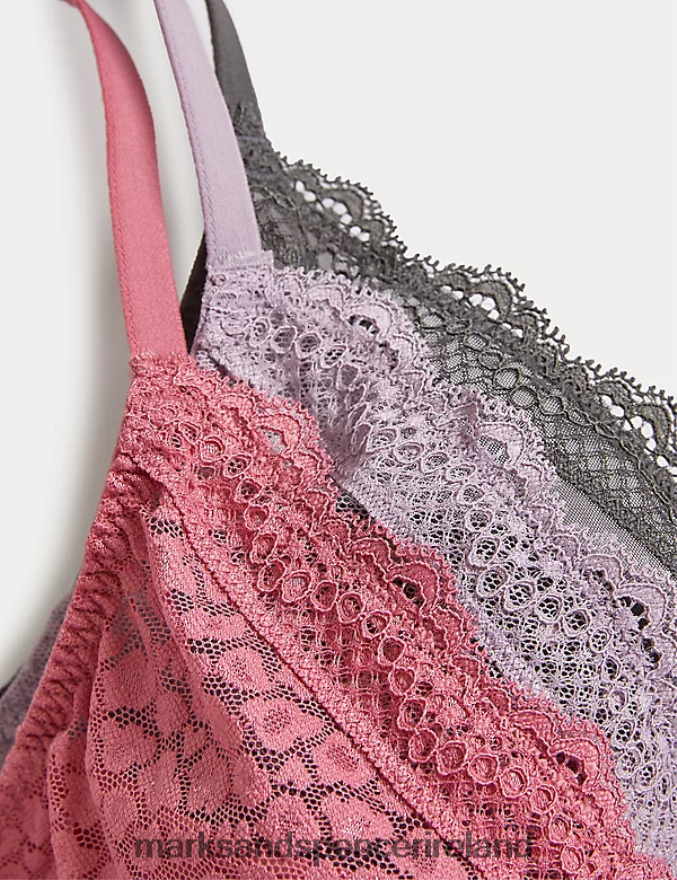 Marks & Spencer Unisex 3pk Lace Trim Wired Plunge Bras Raspberry Mix Clothing 2VJ8DF4653