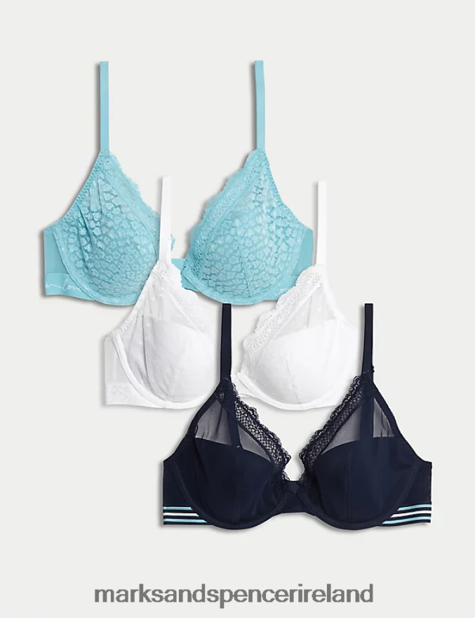 Marks & Spencer Unisex 3pk Lace Trim Wired Plunge Bras Turquoise Mix Clothing 2VJ8DF4261