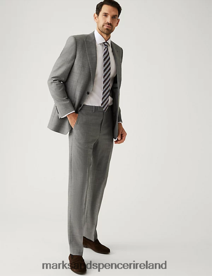 Marks & Spencer Unisex Regular Fit Pure Wool Check Suit Jacket Grey Mix Clothing 2VJ8DF5049