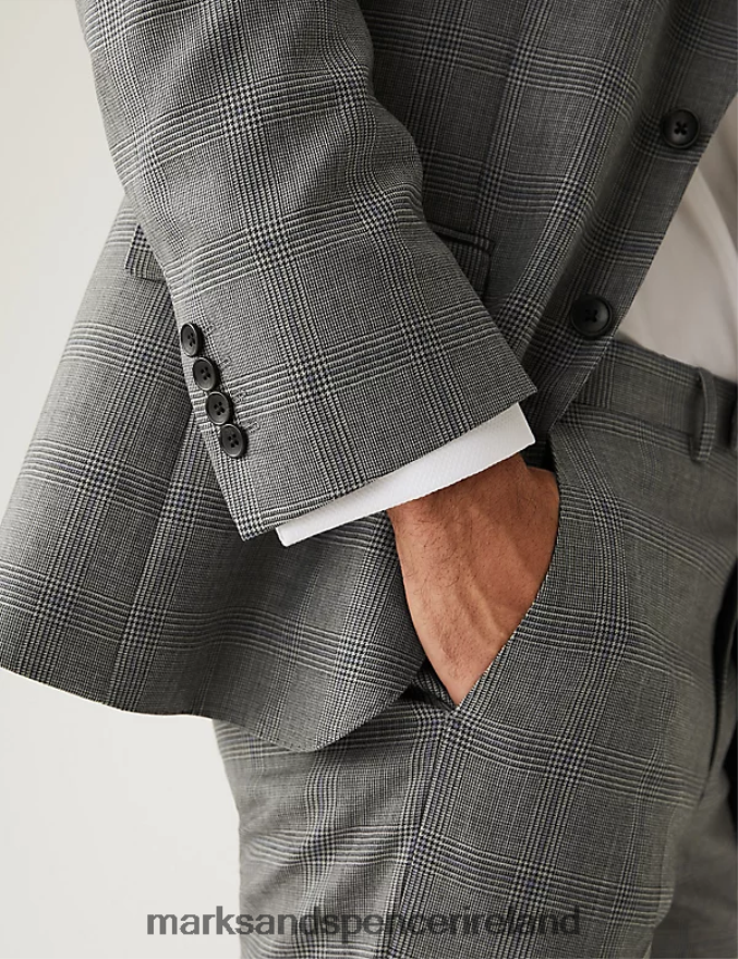 Marks & Spencer Unisex Regular Fit Pure Wool Check Suit Jacket Grey Mix Clothing 2VJ8DF5049
