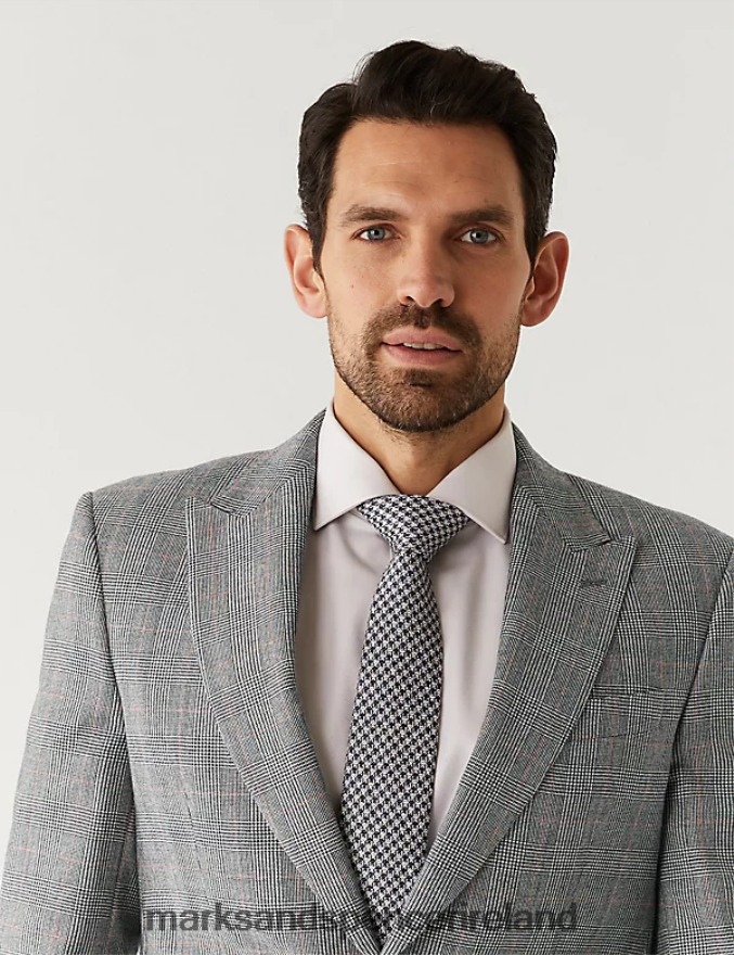 Marks & Spencer Unisex Regular Fit Pure Wool Check Suit Jacket Grey Mix Clothing 2VJ8DF6634