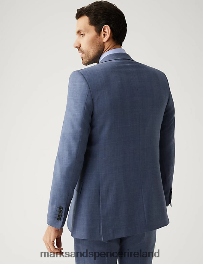 Marks & Spencer Unisex Slim Fit Pure Wool Check Suit Jacket Light Airforce Clothing 2VJ8DF5496