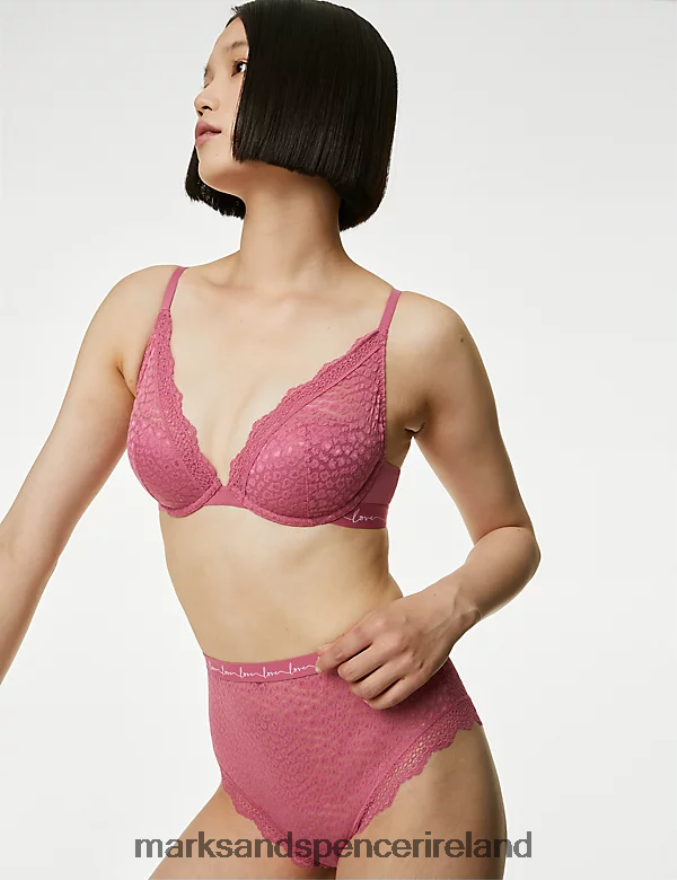 Marks & Spencer Unisex 3pk Lace & Mesh High Waisted Brazilian Knickers Raspberry Mix Clothing 2VJ8DF4678