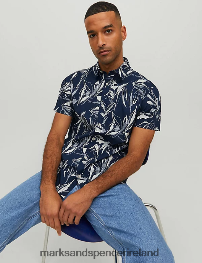 Marks & Spencer Unisex Pure Cotton Leaf Print Oxford Shirt Navy Clothing 2VJ8DF6748