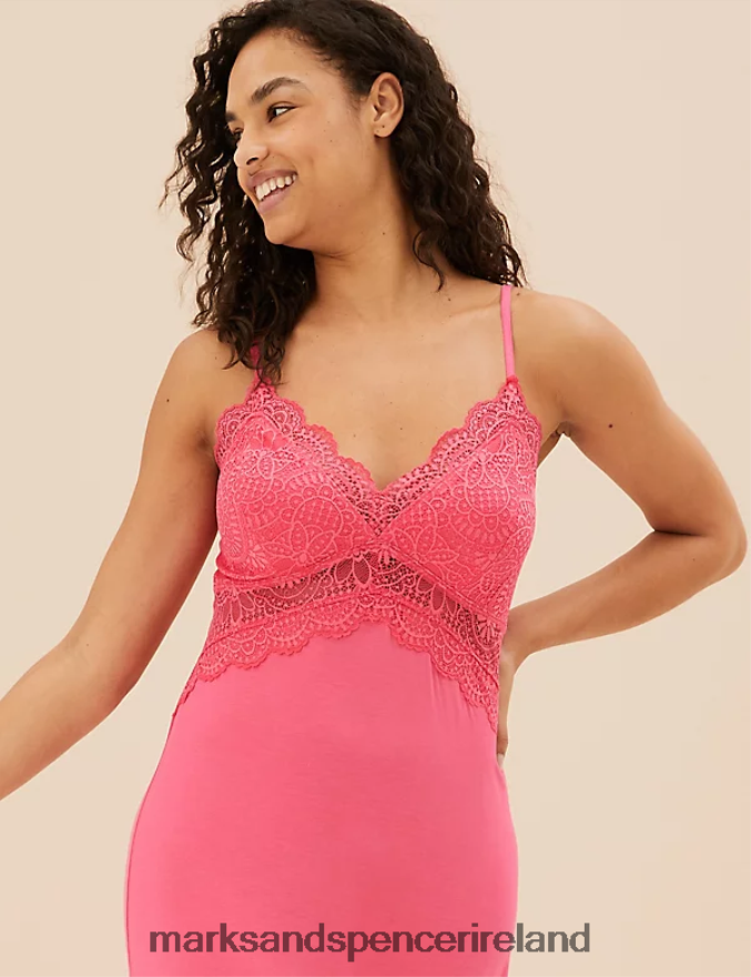 Marks & Spencer Unisex Strappy Lace Trim Long Chemise Bright Pink Lingerie 2VJ8DF3568