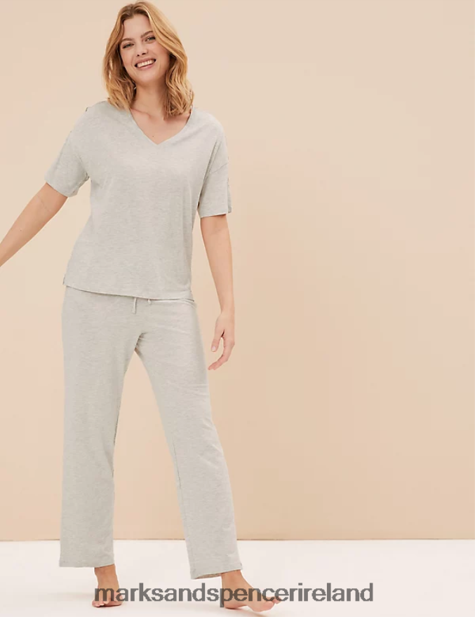 Marks & Spencer Unisex Cotton Modal Lace Pyjama Set Light Grey Lingerie 2VJ8DF3378