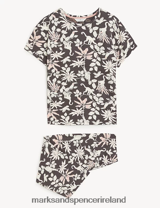 Marks & Spencer Unisex Cotton Rich Jungle Print Cropped Pyjama Set Dark Grey Lingerie 2VJ8DF3659