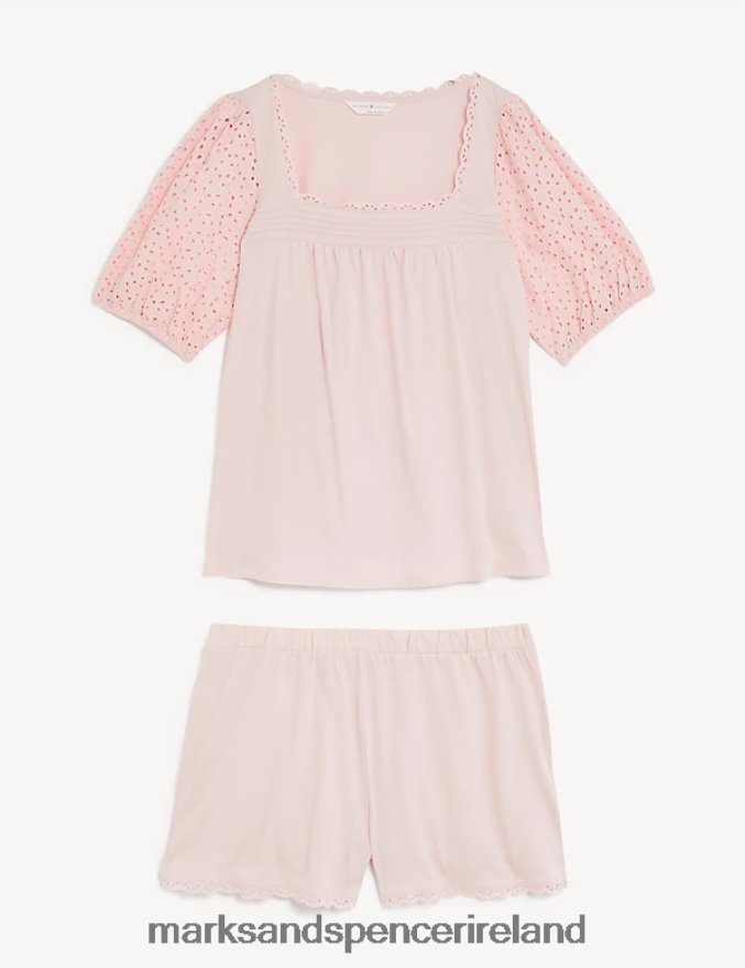Marks & Spencer Unisex Pure Cotton Broderie Trim Shortie Set Soft Pink Lingerie 2VJ8DF3525