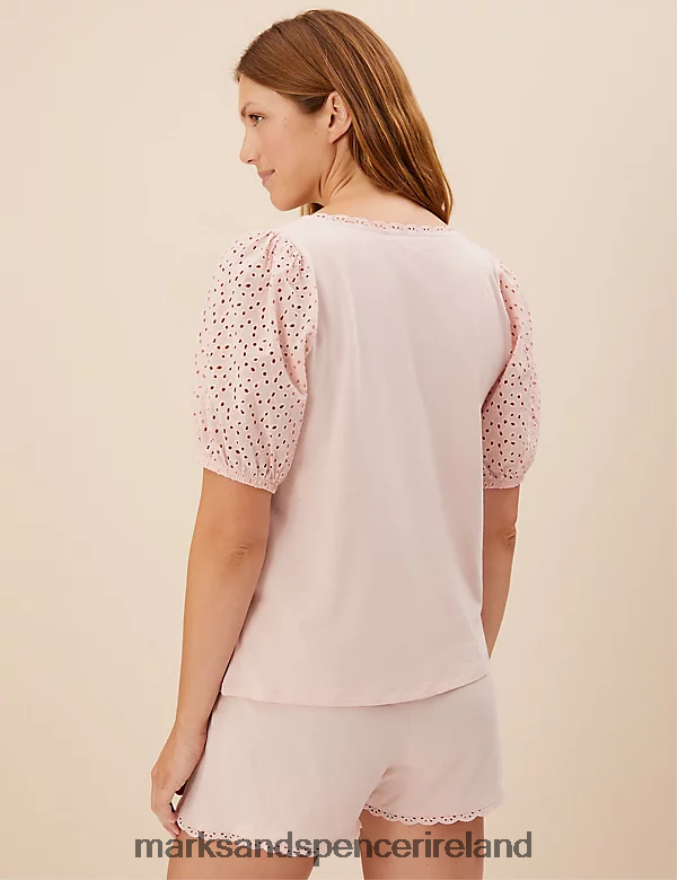 Marks & Spencer Unisex Pure Cotton Broderie Trim Shortie Set Soft Pink Lingerie 2VJ8DF3525