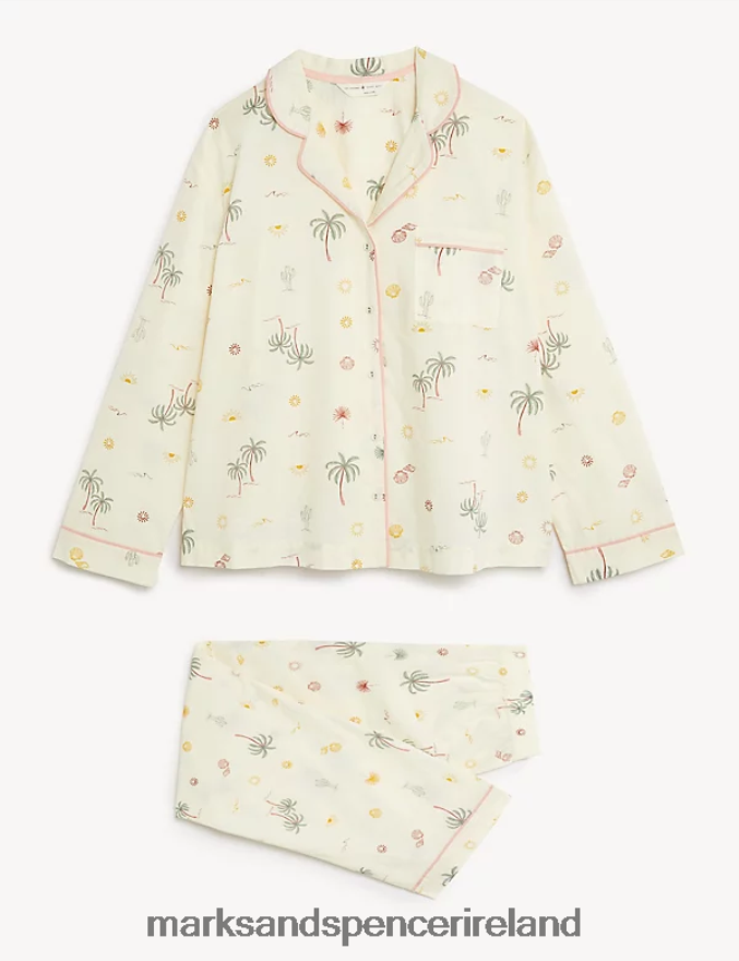 Marks & Spencer Unisex Pure Cotton Palm Print Pyjama Set Ivory Mix Lingerie 2VJ8DF3585
