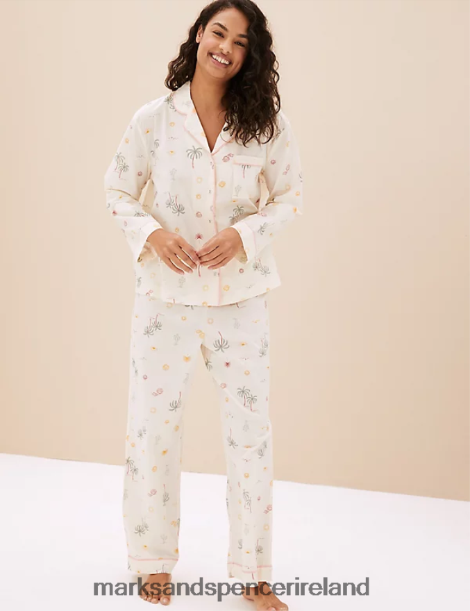 Marks & Spencer Unisex Pure Cotton Palm Print Pyjama Set Ivory Mix Lingerie 2VJ8DF3585