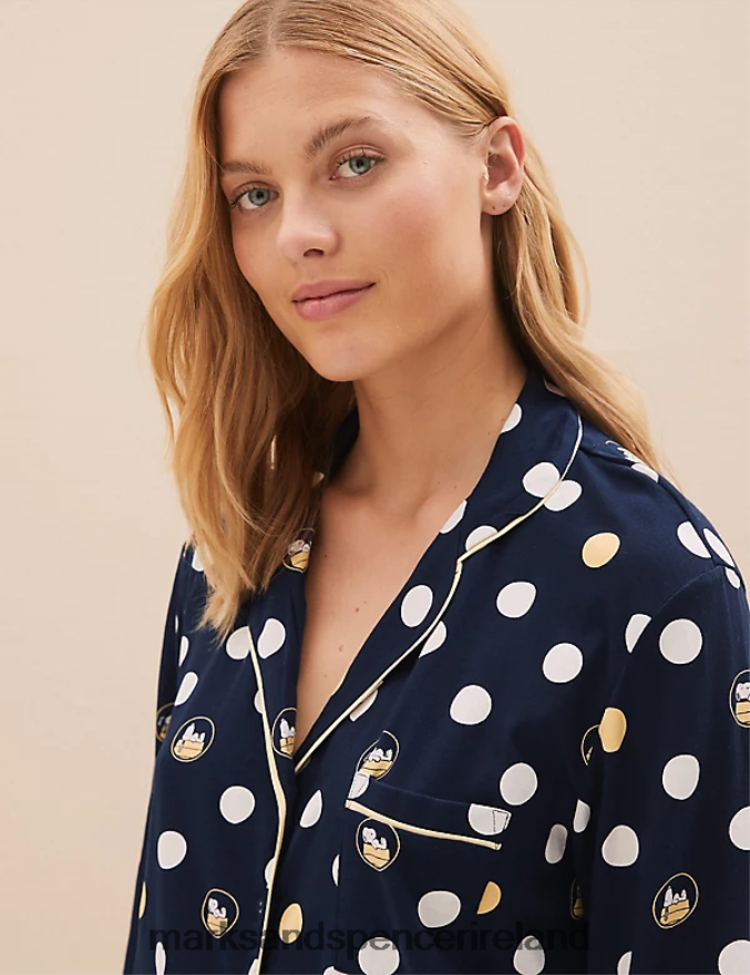 Marks & Spencer Unisex Pure Cotton Snoopy Polka Dot Pyjama Set Navy Mix Lingerie 2VJ8DF3460
