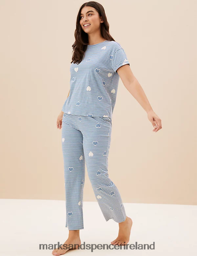 Marks & Spencer Unisex Pure Cotton Striped Heart Print Pyjama Set Grey Blue Lingerie 2VJ8DF3491
