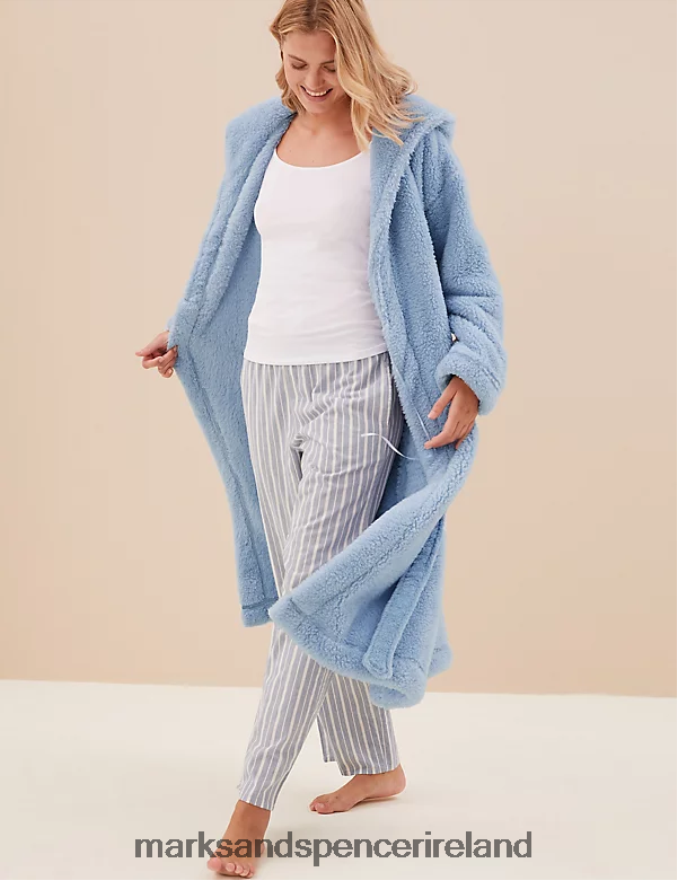 Marks & Spencer Unisex Fleece Hooded Long Dressing Gown Light Blue Lingerie 2VJ8DF3610
