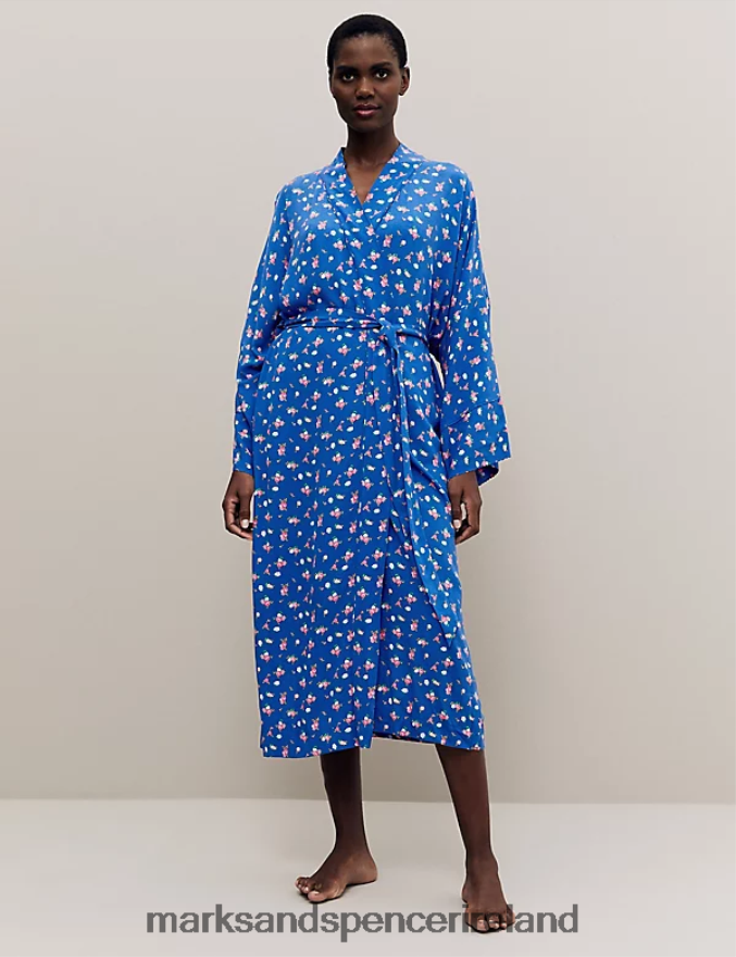 Marks & Spencer Unisex Floral Print Long Kimono Robe Blue Mix Lingerie 2VJ8DF3496
