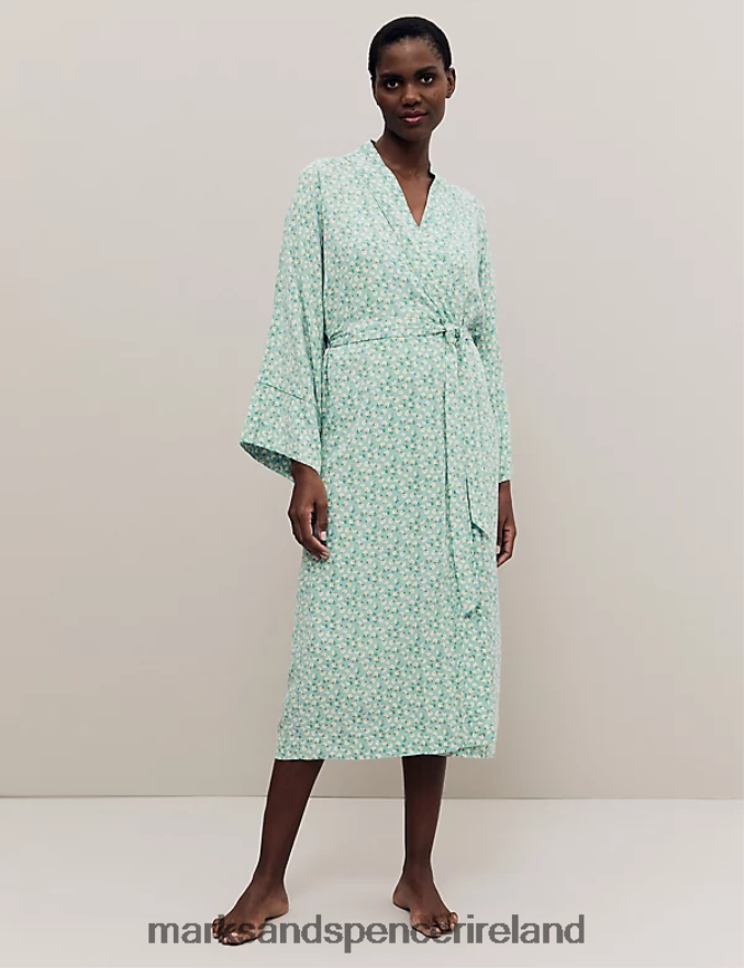 Marks & Spencer Unisex Floral Print Long Kimono Robe Teal Mix Lingerie 2VJ8DF3556