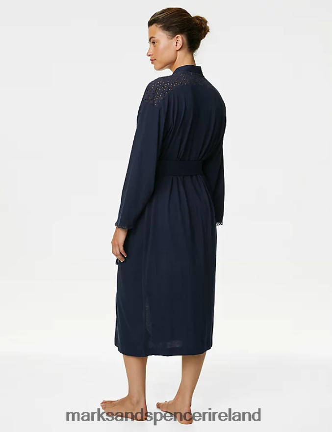 Marks & Spencer Unisex Pure Cotton Broderie Long Dressing Gown Navy Lingerie 2VJ8DF3482