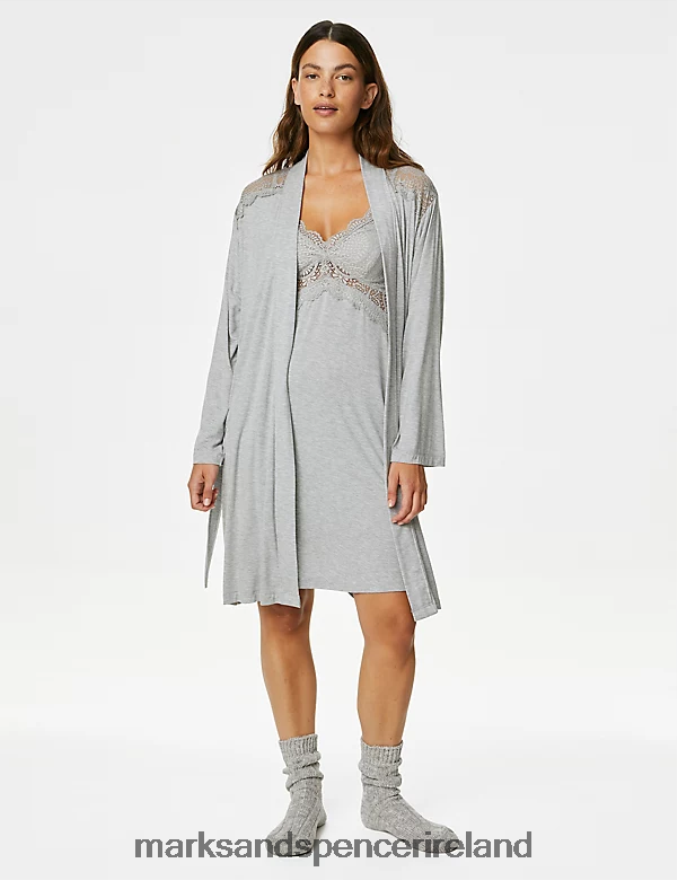 Marks & Spencer Unisex Body Soft Lace Detail Short Dressing Gown Grey Lingerie 2VJ8DF3775