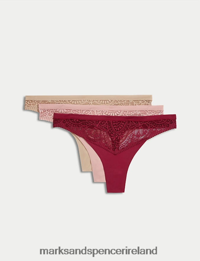 Marks & Spencer Unisex 3pk Body Soft Lace Thongs Dark Raspberry Lingerie 2VJ8DF4255