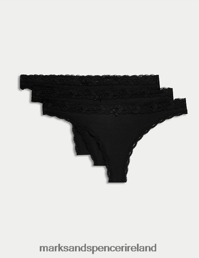 Marks & Spencer Unisex 3pk Cotton Blend Thongs Black Lingerie 2VJ8DF3831