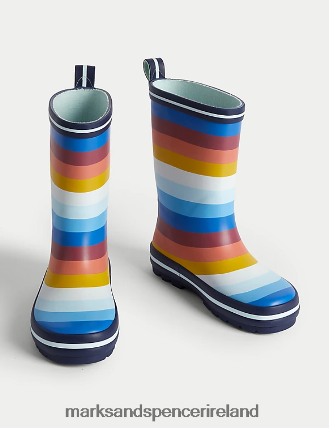 Marks & Spencer Kids Freshfeet Striped Wellies Blue Mix Footwear 2VJ8DF8636