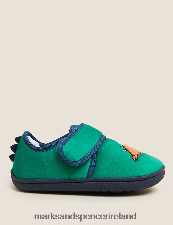 Marks & Spencer Kids Riptape Dinosaur Slippers Green Mix Footwear 2VJ8DF8758