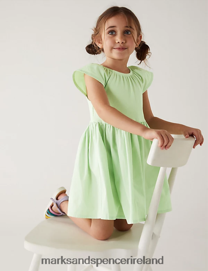 Marks & Spencer Kids Cotton Rich Frill Dress Green Clothing 2VJ8DF9265