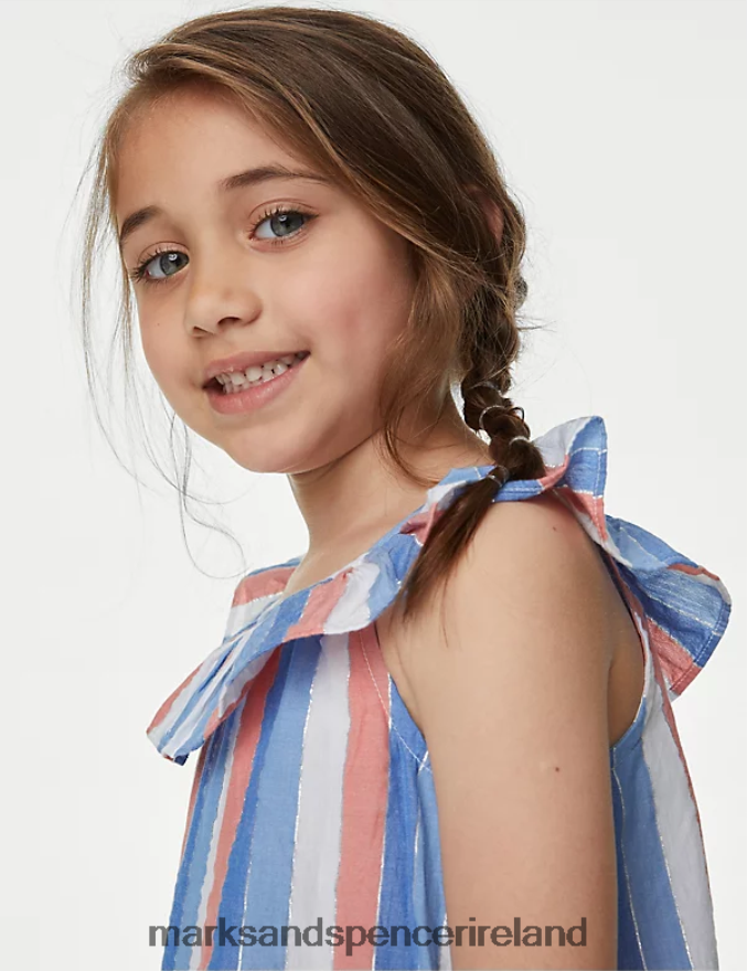 Marks & Spencer Kids Cotton Rich Striped Frill Dress Multi Clothing 2VJ8DF9607