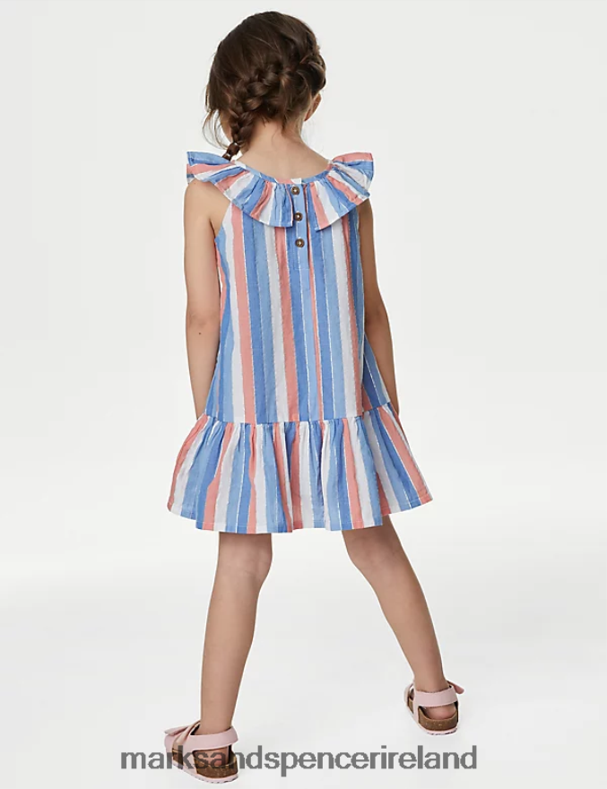 Marks & Spencer Kids Cotton Rich Striped Frill Dress Multi Clothing 2VJ8DF9607