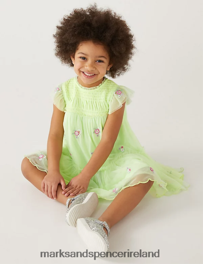 Marks & Spencer Kids Floral Embroidered Dress Green Clothing 2VJ8DF9585