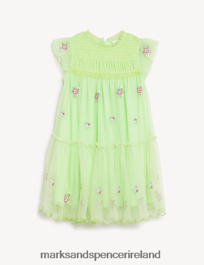 Marks & Spencer Kids Floral Embroidered Dress Green Clothing 2VJ8DF9585