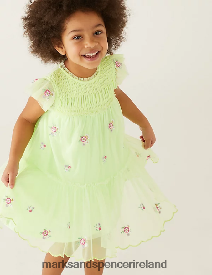 Marks & Spencer Kids Floral Embroidered Dress Green Clothing 2VJ8DF9585