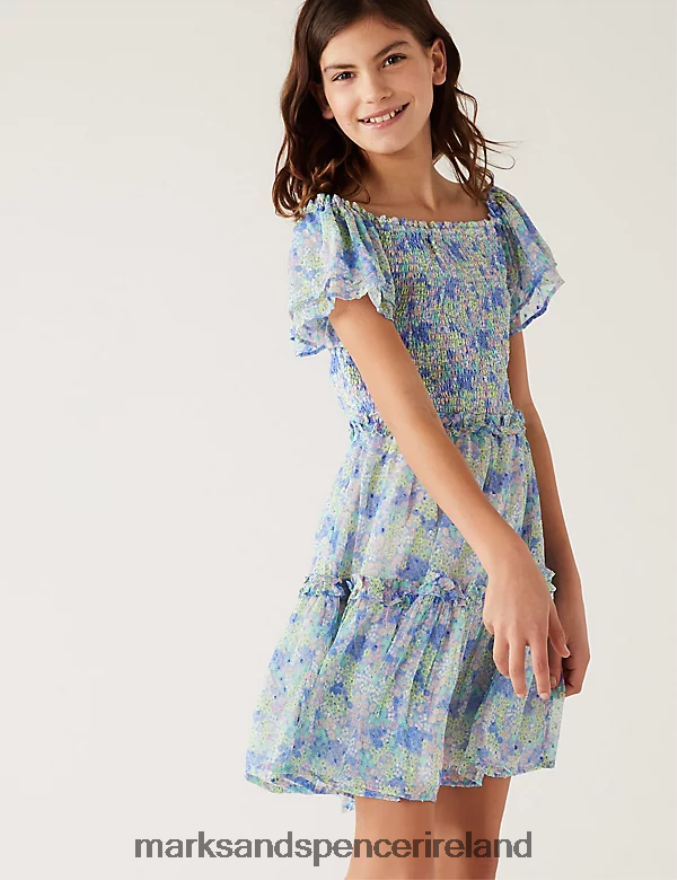 Marks & Spencer Kids Floral Shirred Tiered Dress Blue Mix Clothing 2VJ8DF9793
