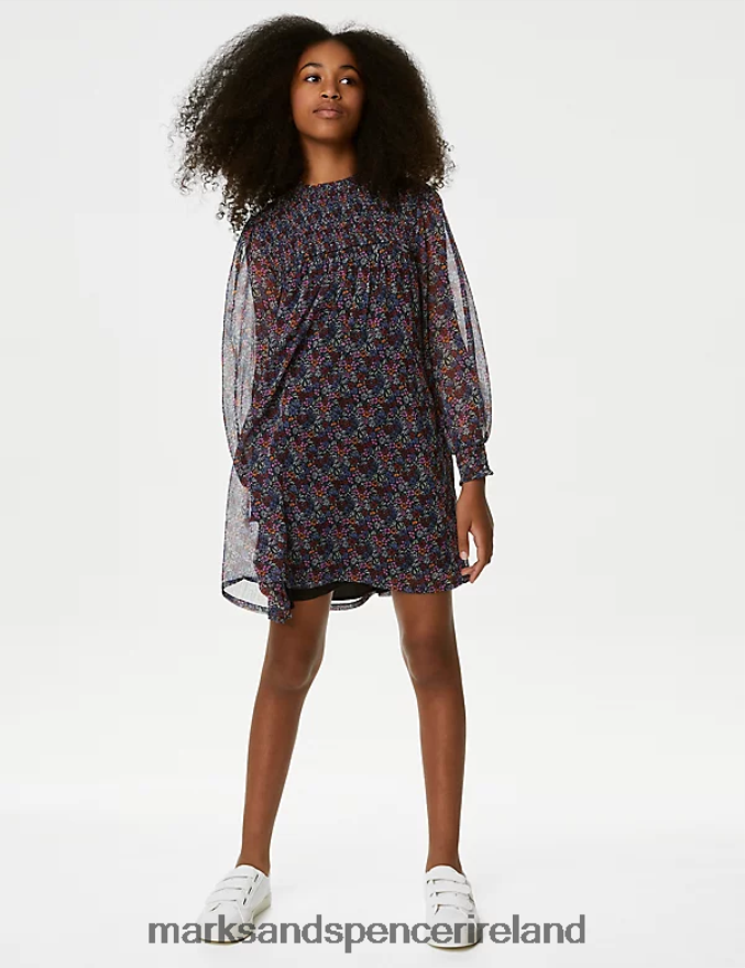 Marks & Spencer Kids Printed Shirred Dress Red Mix Clothing 2VJ8DF9238