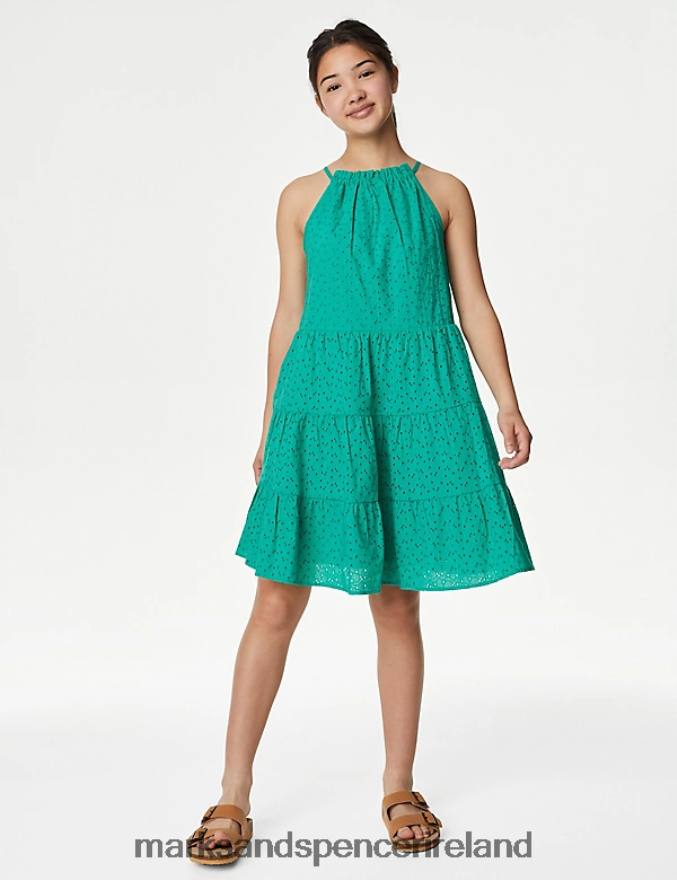Marks & Spencer Kids Pure Cotton Broderie Dress Green Clothing 2VJ8DF9454